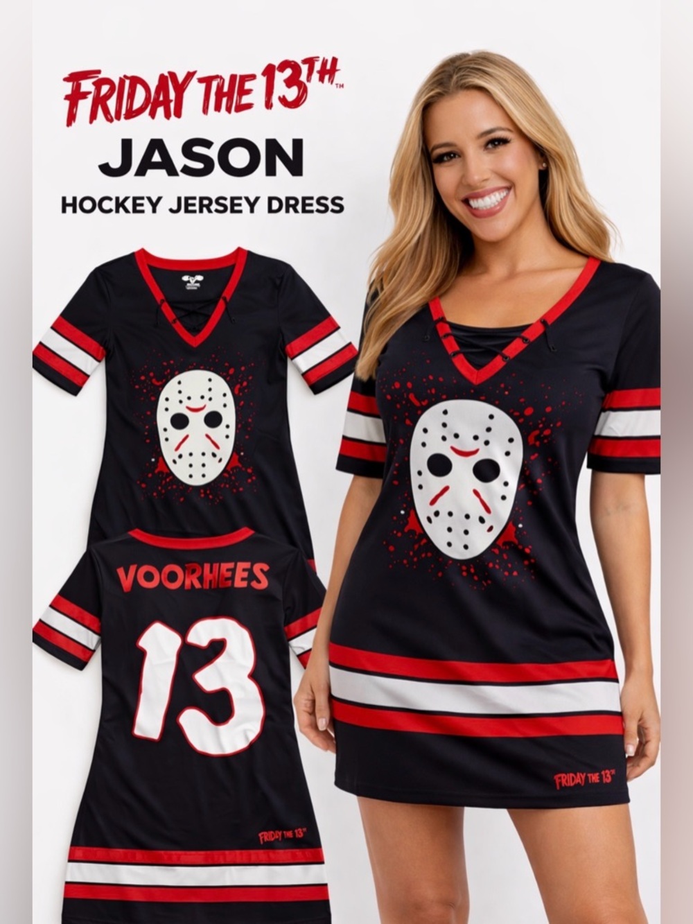 Black Hockey Jersey Style Tee with White Mask Graphic and Red Accents
